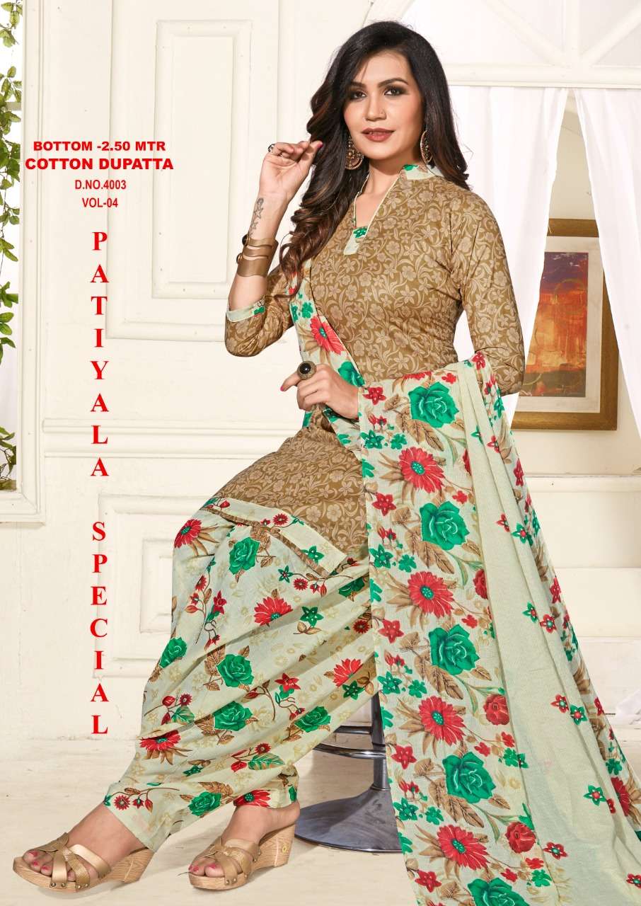 PATIYALA SPECIAL VOL-4 BY VANDANA 4001 TO 4012 SERIES BEAUTIFUL PATIYALA SUITS STYLISH FANCY COLORFUL PARTY WEAR & OCCASIONAL WEAR COTTON PRINTED DRESSES AT WHOLESALE PRICE
