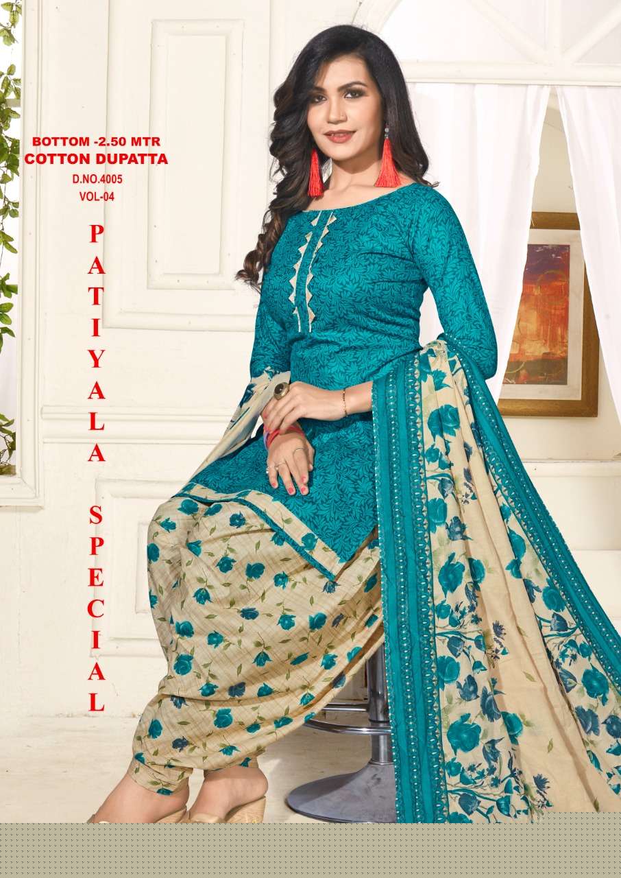 PATIYALA SPECIAL VOL-4 BY VANDANA 4001 TO 4012 SERIES BEAUTIFUL PATIYALA SUITS STYLISH FANCY COLORFUL PARTY WEAR & OCCASIONAL WEAR COTTON PRINTED DRESSES AT WHOLESALE PRICE