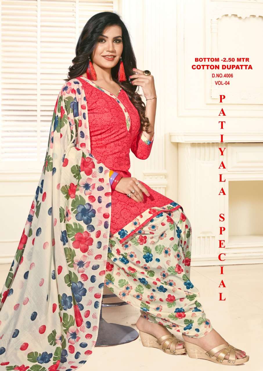 PATIYALA SPECIAL VOL-4 BY VANDANA 4001 TO 4012 SERIES BEAUTIFUL PATIYALA SUITS STYLISH FANCY COLORFUL PARTY WEAR & OCCASIONAL WEAR COTTON PRINTED DRESSES AT WHOLESALE PRICE