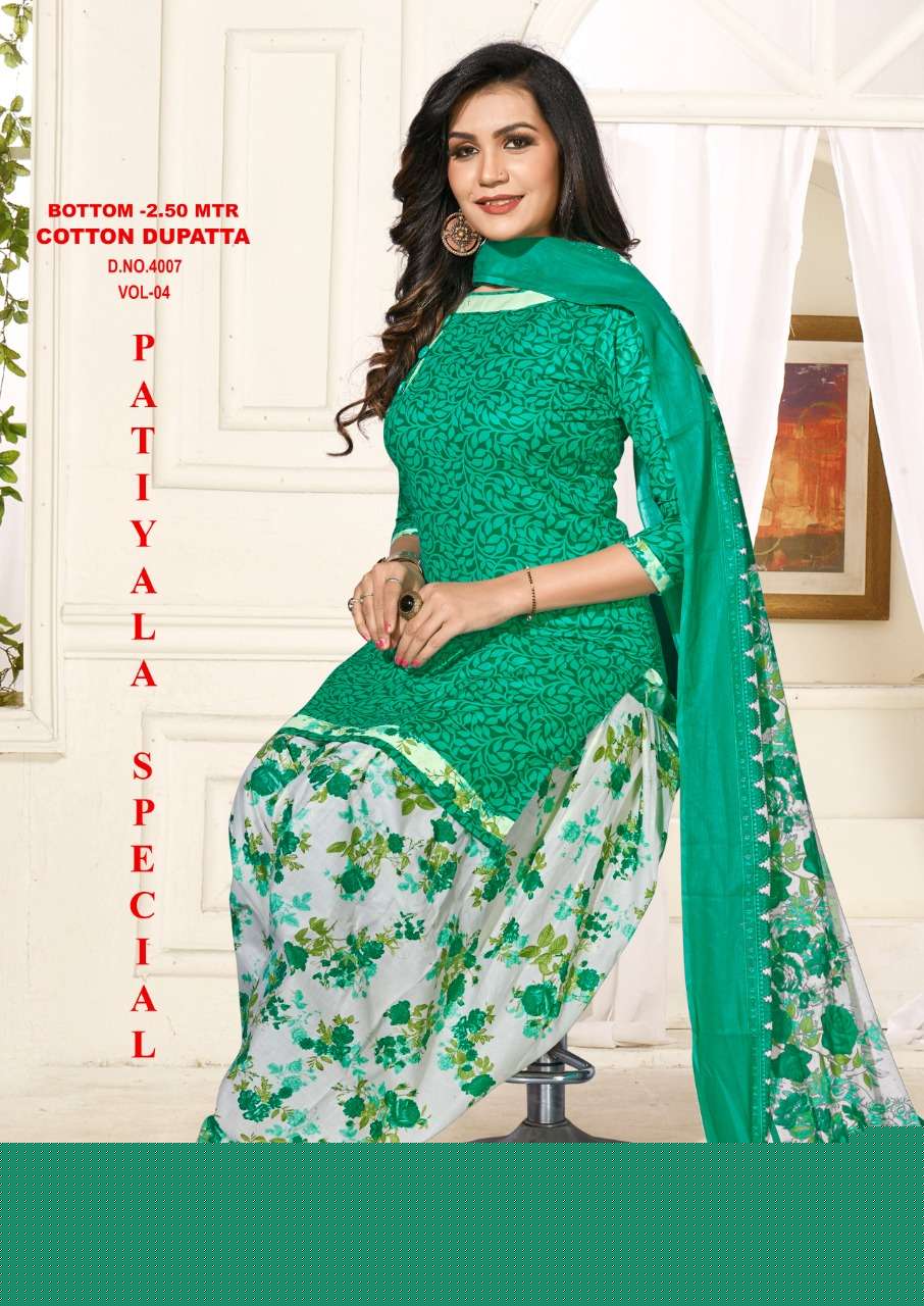 PATIYALA SPECIAL VOL-4 BY VANDANA 4001 TO 4012 SERIES BEAUTIFUL PATIYALA SUITS STYLISH FANCY COLORFUL PARTY WEAR & OCCASIONAL WEAR COTTON PRINTED DRESSES AT WHOLESALE PRICE