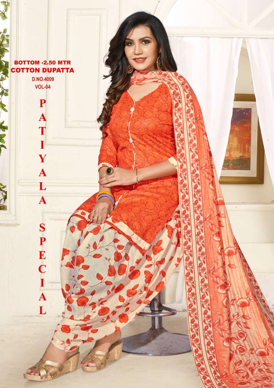 PATIYALA SPECIAL VOL-4 BY VANDANA 4001 TO 4012 SERIES BEAUTIFUL PATIYALA SUITS STYLISH FANCY COLORFUL PARTY WEAR & OCCASIONAL WEAR COTTON PRINTED DRESSES AT WHOLESALE PRICE
