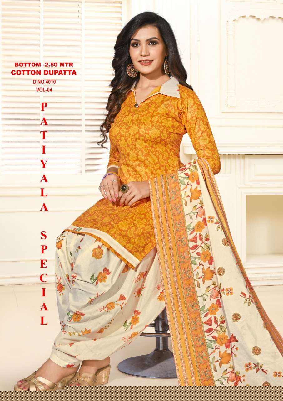 PATIYALA SPECIAL VOL-4 BY VANDANA 4001 TO 4012 SERIES BEAUTIFUL PATIYALA SUITS STYLISH FANCY COLORFUL PARTY WEAR & OCCASIONAL WEAR COTTON PRINTED DRESSES AT WHOLESALE PRICE