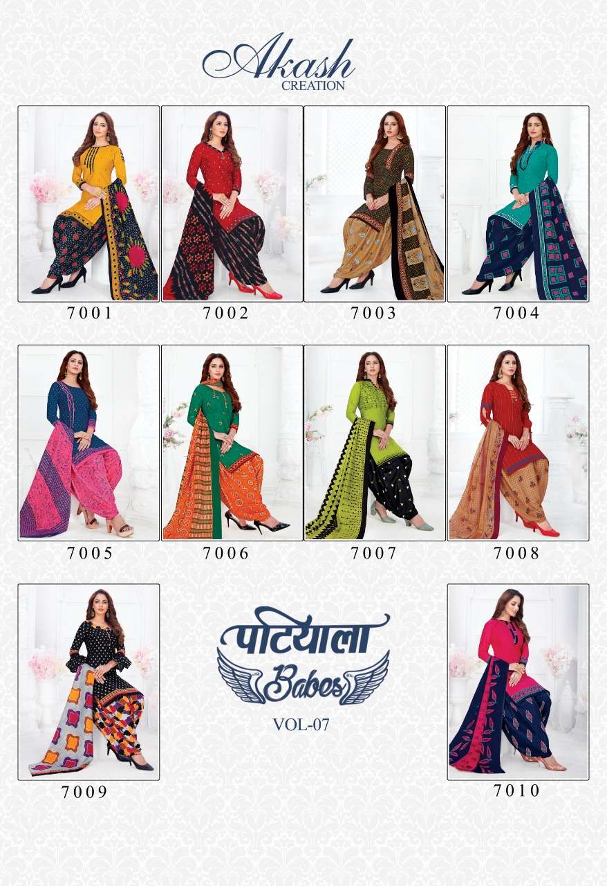 PATIYALA BABES VOL-7 BY AKASH CREATION 7001 TO 7010 SERIES BEAUTIFUL PATIYALA SUITS STYLISH FANCY COLORFUL PARTY WEAR & OCCASIONAL WEAR PURE COTTON DRESSES AT WHOLESALE PRICE