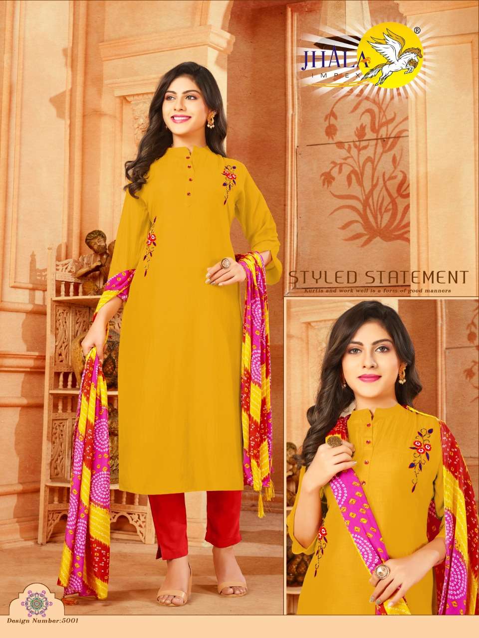 REETI BY JHALA 5001 TO 5007 SERIES BEAUTIFUL COLORFUL STYLISH FANCY CASUAL WEAR & ETHNIC WEAR & READY TO WEAR MUSLIN SILK KURTIS WITH DUPATTA AT WHOLESALE PRICE