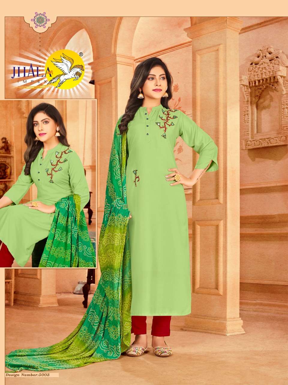 REETI BY JHALA 5001 TO 5007 SERIES BEAUTIFUL COLORFUL STYLISH FANCY CASUAL WEAR & ETHNIC WEAR & READY TO WEAR MUSLIN SILK KURTIS WITH DUPATTA AT WHOLESALE PRICE
