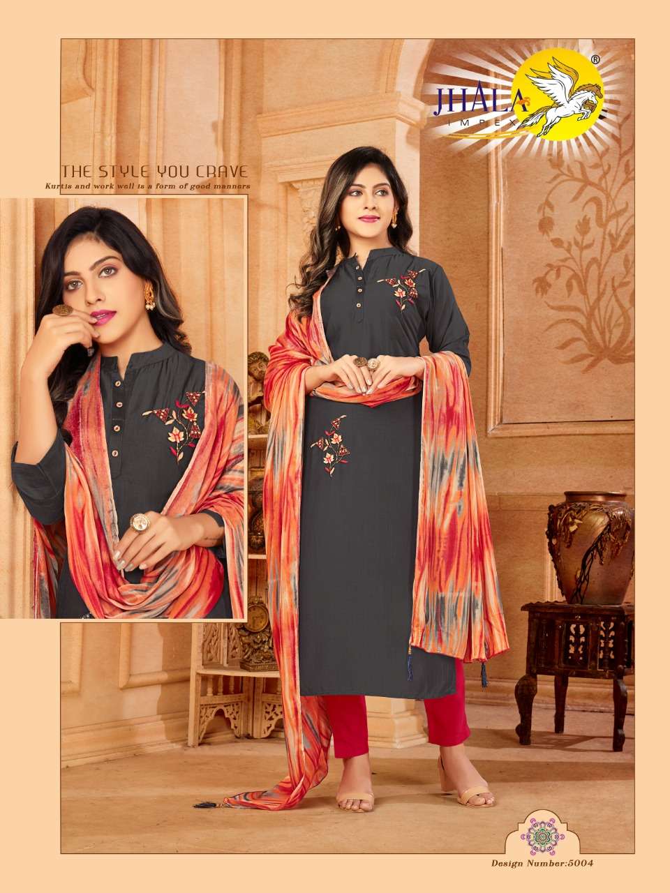 REETI BY JHALA 5001 TO 5007 SERIES BEAUTIFUL COLORFUL STYLISH FANCY CASUAL WEAR & ETHNIC WEAR & READY TO WEAR MUSLIN SILK KURTIS WITH DUPATTA AT WHOLESALE PRICE