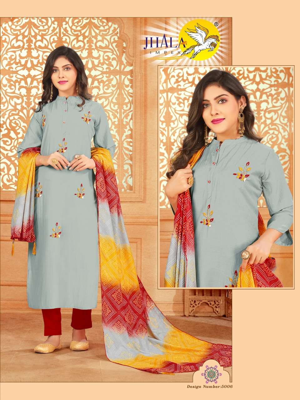 REETI BY JHALA 5001 TO 5007 SERIES BEAUTIFUL COLORFUL STYLISH FANCY CASUAL WEAR & ETHNIC WEAR & READY TO WEAR MUSLIN SILK KURTIS WITH DUPATTA AT WHOLESALE PRICE