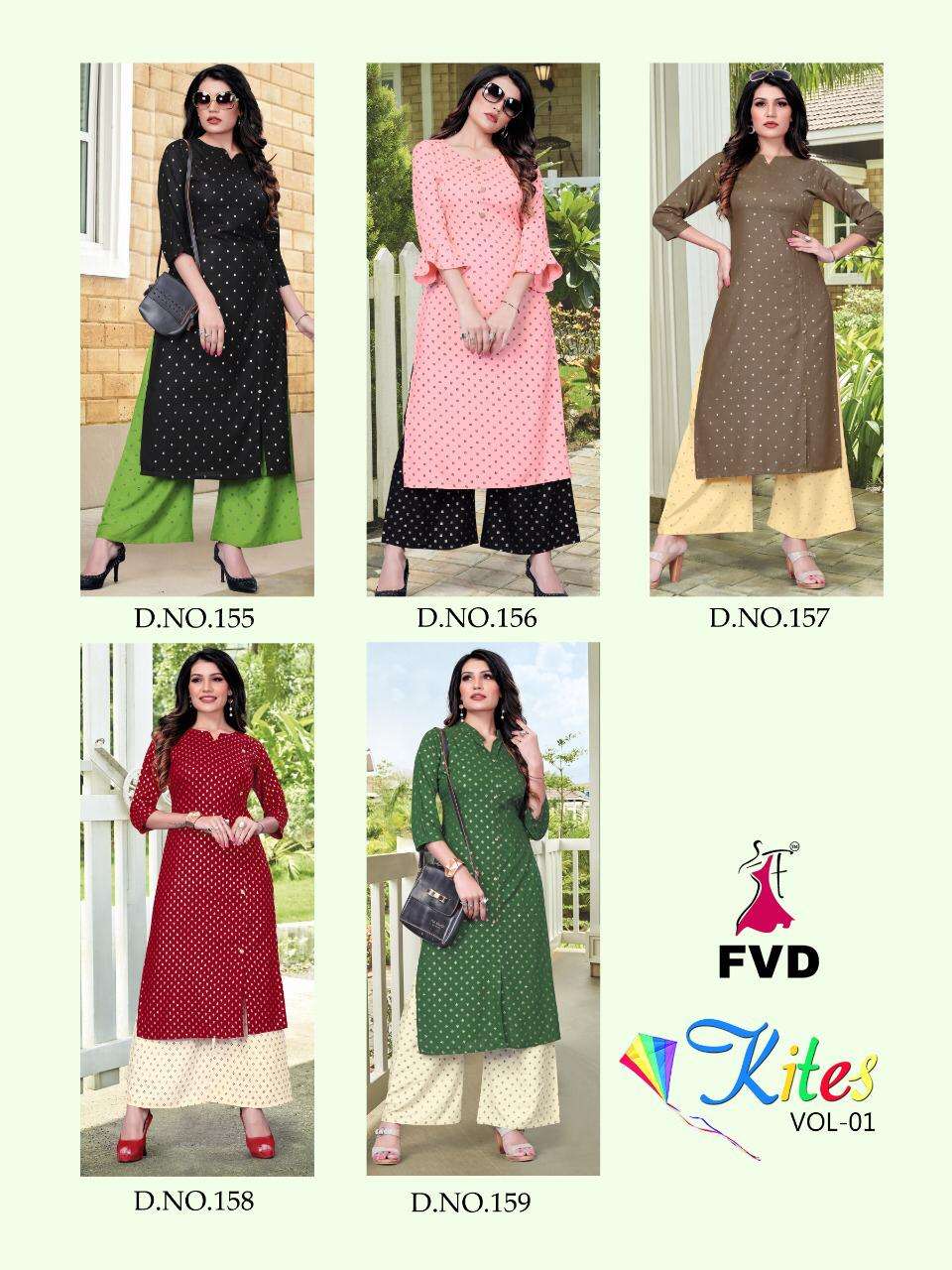KITES VOL-1 BY FVD 155 TO 159 SERIES BEAUTIFUL COLORFUL STYLISH FANCY CASUAL WEAR & ETHNIC WEAR & READY TO WEAR PURE RAYON PRINTED KURTIS WITH BOTTOM AT WHOLESALE PRICE