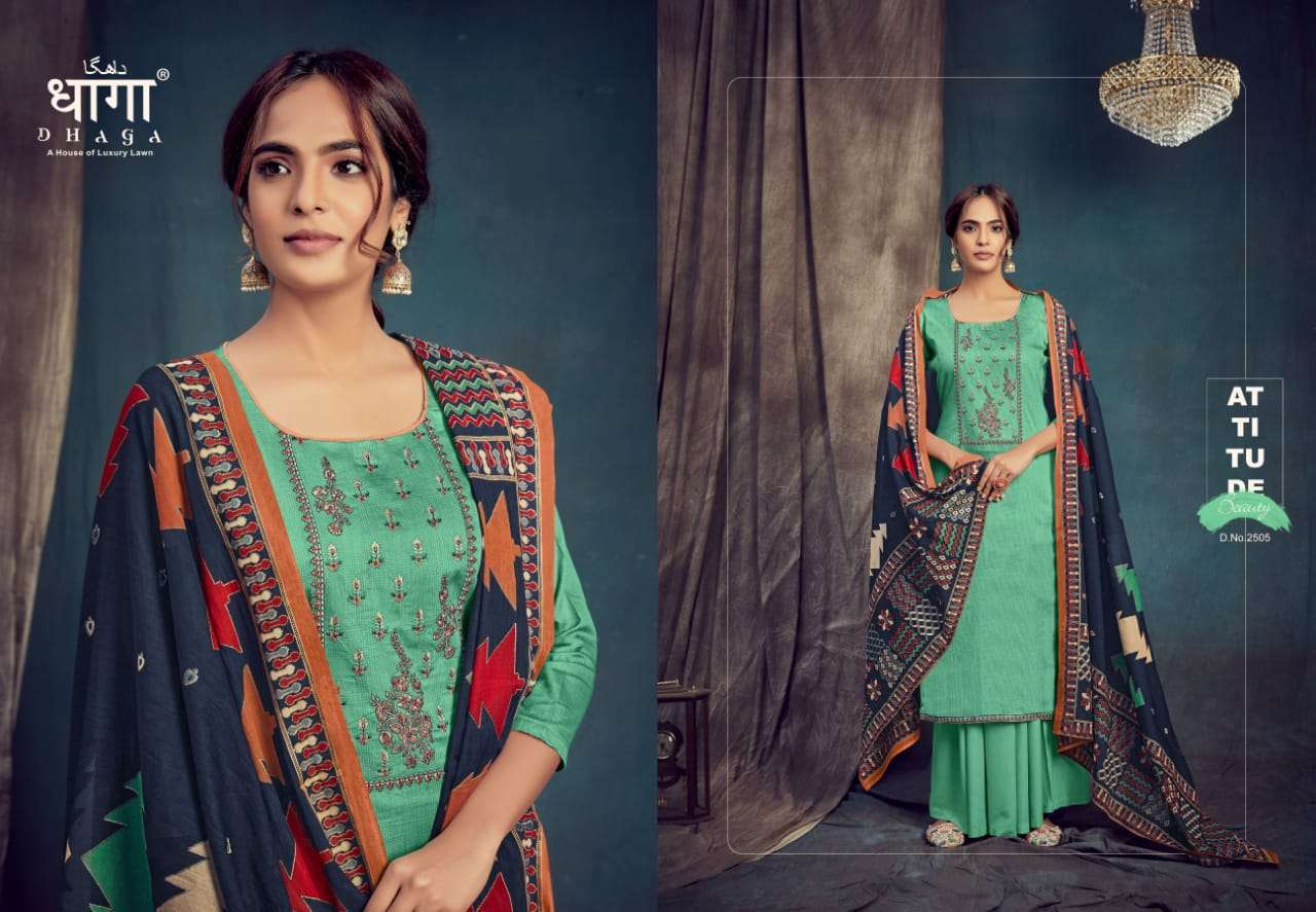 SAANJ BY DHAGA 2501 TO 2506 SERIES BEAUTIFUL STYLISH PAKISATNI SUITS FANCY COLORFUL CASUAL WEAR & ETHNIC WEAR & READY TO WEAR PURE JAM PRINT WITH EMBROIDERED DRESSES AT WHOLESALE PRICE