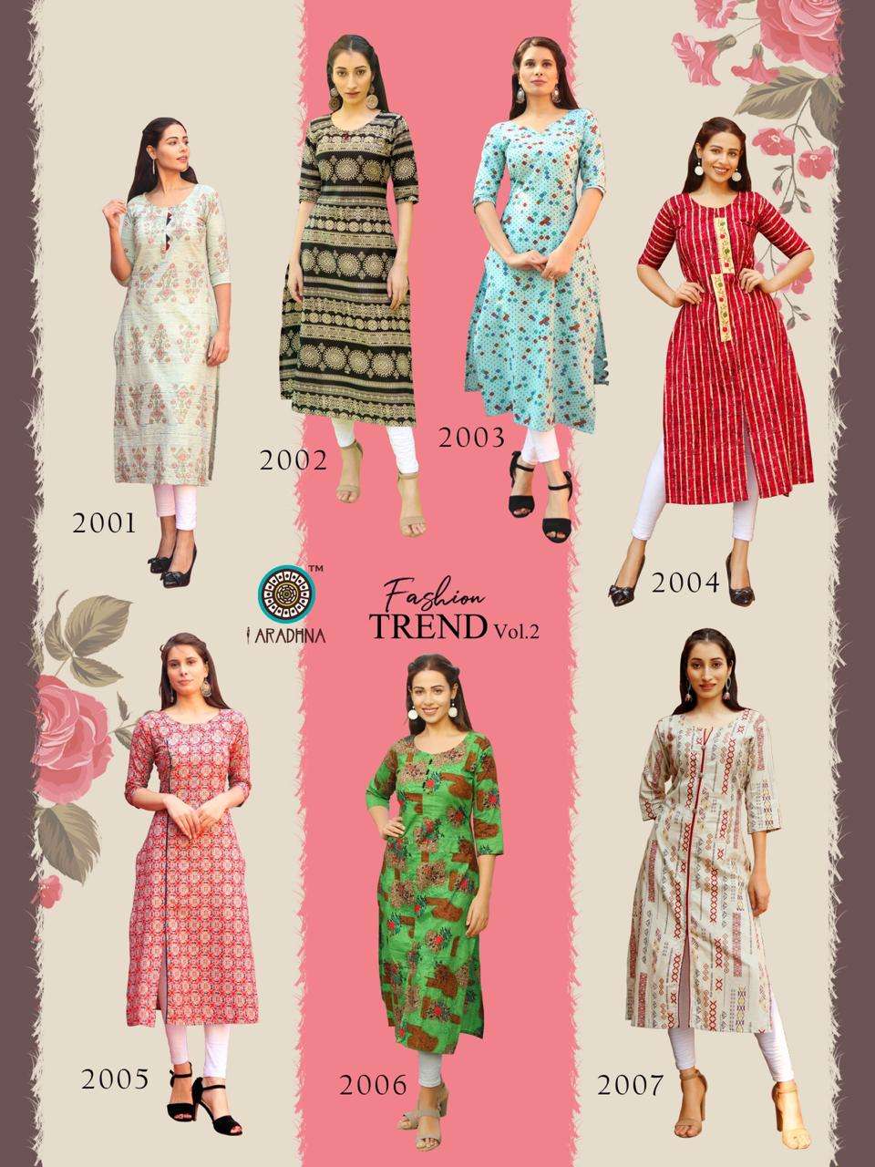 FASHION TREND VOL-2 BY PK 2001 TO 2007 SERIES STYLISH FANCY BEAUTIFUL COLORFUL CASUAL WEAR & ETHNIC WEAR HEAVY COTTON KURTIS AT WHOLESALE PRICE