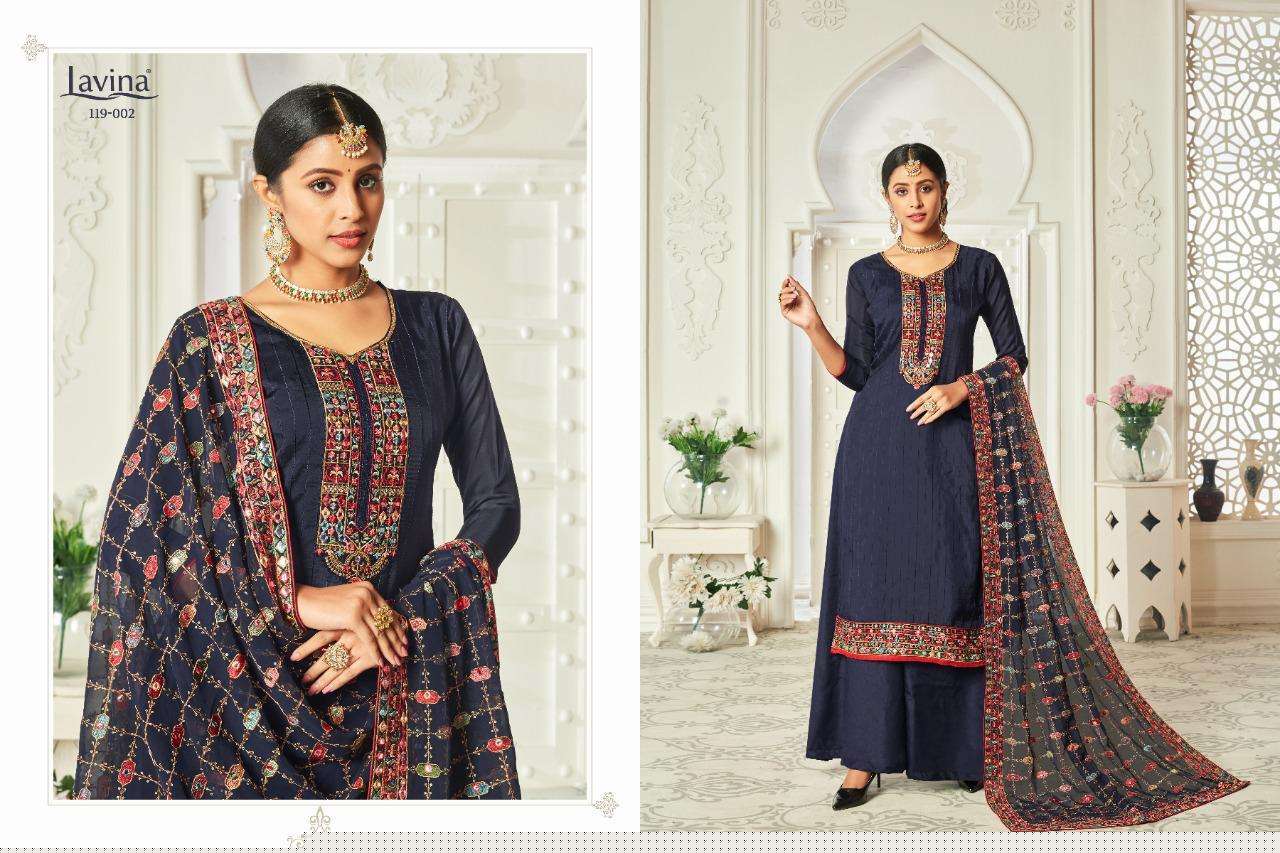 LAVINA VOL-119 BY LAVINA 001 TO 005 SERIES BEAUTIFUL SUITS STYLISH FANCY COLORFUL CASUAL WEAR & ETHNIC WEAR PURE UPADA WITH EMBROIDERY DRESSES AT WHOLESALE PRICE