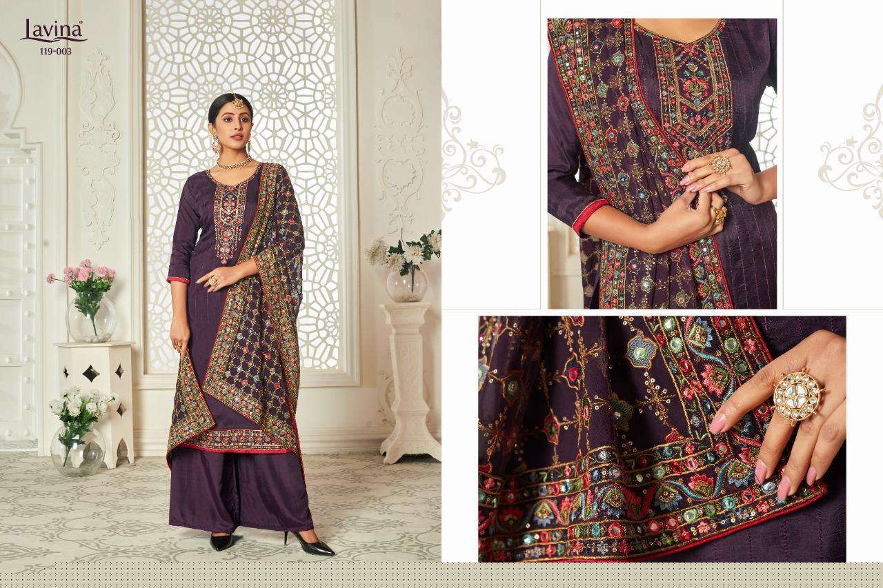 LAVINA VOL-119 BY LAVINA 001 TO 005 SERIES BEAUTIFUL SUITS STYLISH FANCY COLORFUL CASUAL WEAR & ETHNIC WEAR PURE UPADA WITH EMBROIDERY DRESSES AT WHOLESALE PRICE