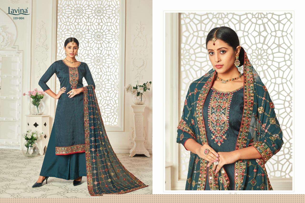 LAVINA VOL-119 BY LAVINA 001 TO 005 SERIES BEAUTIFUL SUITS STYLISH FANCY COLORFUL CASUAL WEAR & ETHNIC WEAR PURE UPADA WITH EMBROIDERY DRESSES AT WHOLESALE PRICE