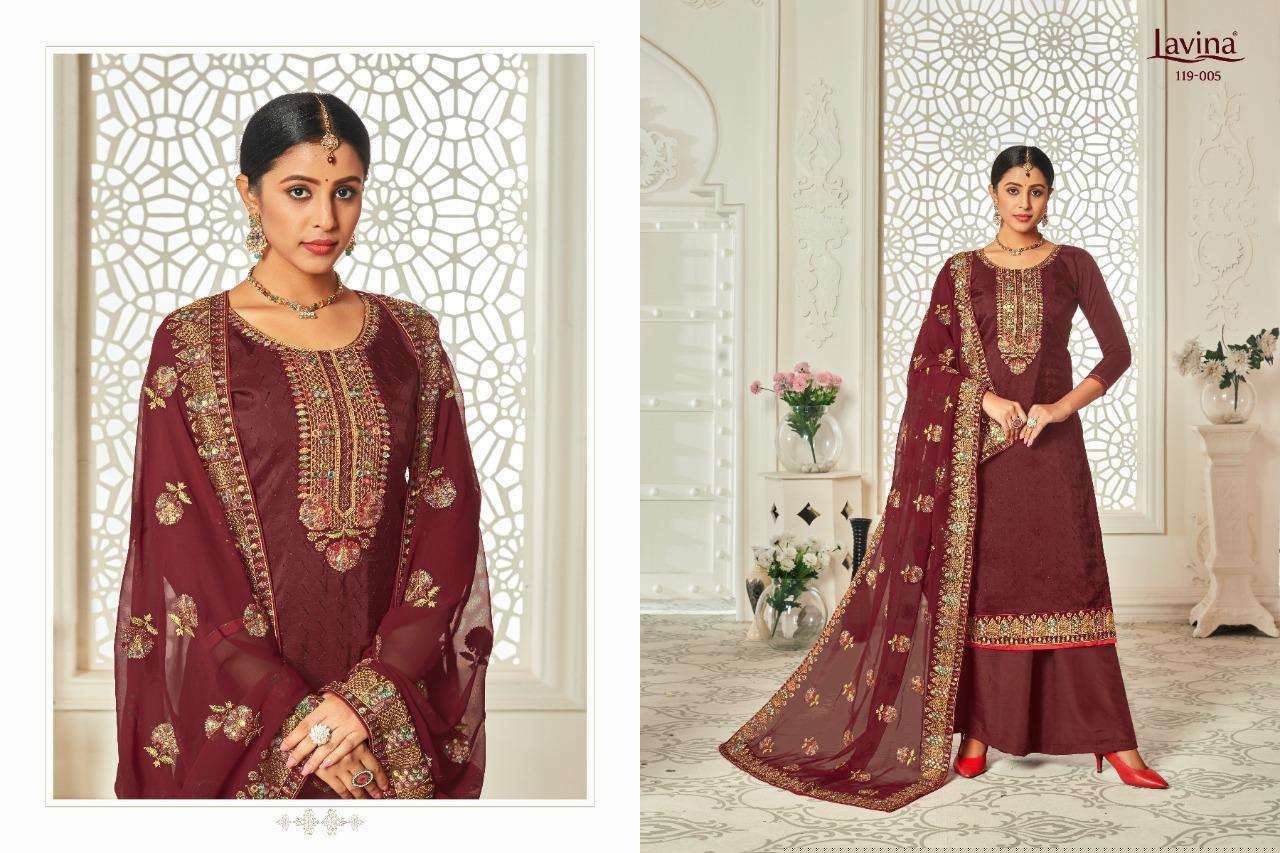 LAVINA VOL-119 BY LAVINA 001 TO 005 SERIES BEAUTIFUL SUITS STYLISH FANCY COLORFUL CASUAL WEAR & ETHNIC WEAR PURE UPADA WITH EMBROIDERY DRESSES AT WHOLESALE PRICE