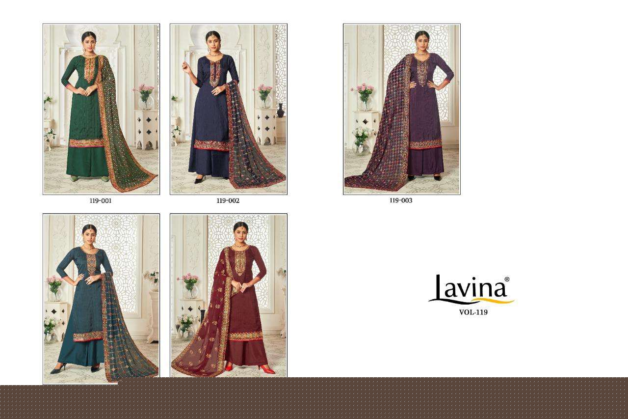 LAVINA VOL-119 BY LAVINA 001 TO 005 SERIES BEAUTIFUL SUITS STYLISH FANCY COLORFUL CASUAL WEAR & ETHNIC WEAR PURE UPADA WITH EMBROIDERY DRESSES AT WHOLESALE PRICE