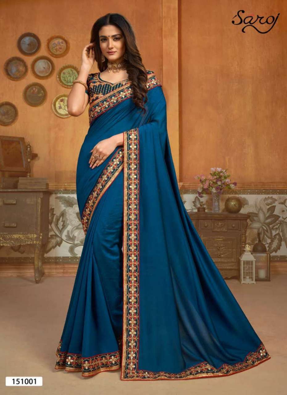 HAST KALA BY SAROJ 151001 TO 151006 SERIES INDIAN TRADITIONAL WEAR COLLECTION BEAUTIFUL STYLISH FANCY COLORFUL PARTY WEAR & OCCASIONAL WEAR VICHITRA SILK EMBROIDERED SAREES AT WHOLESALE PRICE