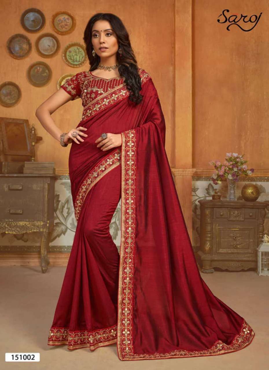 HAST KALA BY SAROJ 151001 TO 151006 SERIES INDIAN TRADITIONAL WEAR COLLECTION BEAUTIFUL STYLISH FANCY COLORFUL PARTY WEAR & OCCASIONAL WEAR VICHITRA SILK EMBROIDERED SAREES AT WHOLESALE PRICE