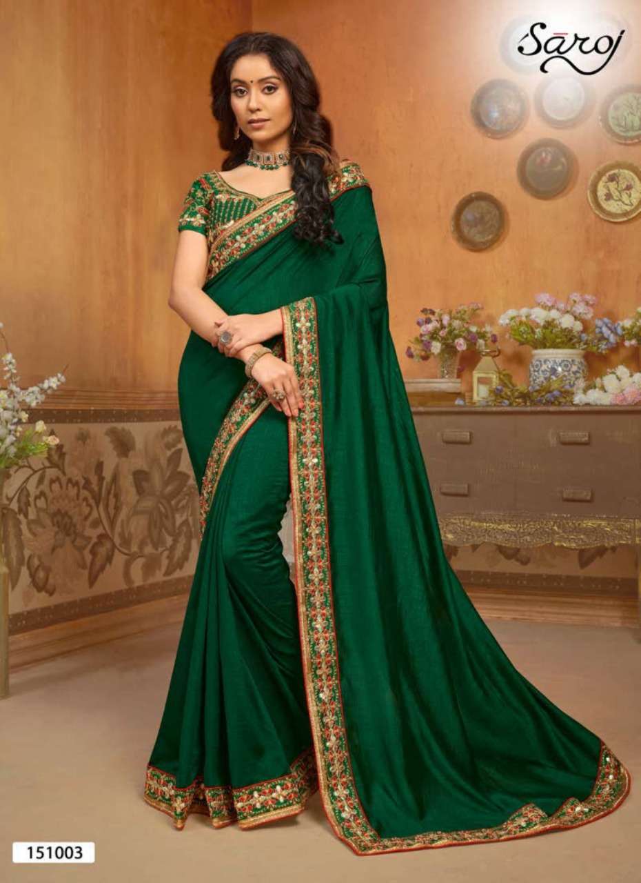 HAST KALA BY SAROJ 151001 TO 151006 SERIES INDIAN TRADITIONAL WEAR COLLECTION BEAUTIFUL STYLISH FANCY COLORFUL PARTY WEAR & OCCASIONAL WEAR VICHITRA SILK EMBROIDERED SAREES AT WHOLESALE PRICE