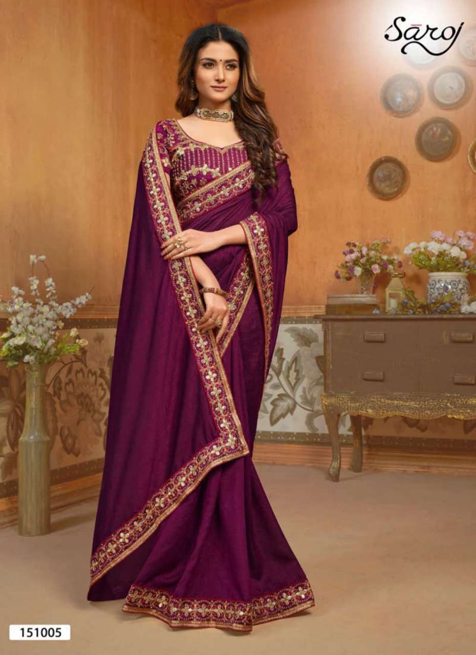 HAST KALA BY SAROJ 151001 TO 151006 SERIES INDIAN TRADITIONAL WEAR COLLECTION BEAUTIFUL STYLISH FANCY COLORFUL PARTY WEAR & OCCASIONAL WEAR VICHITRA SILK EMBROIDERED SAREES AT WHOLESALE PRICE