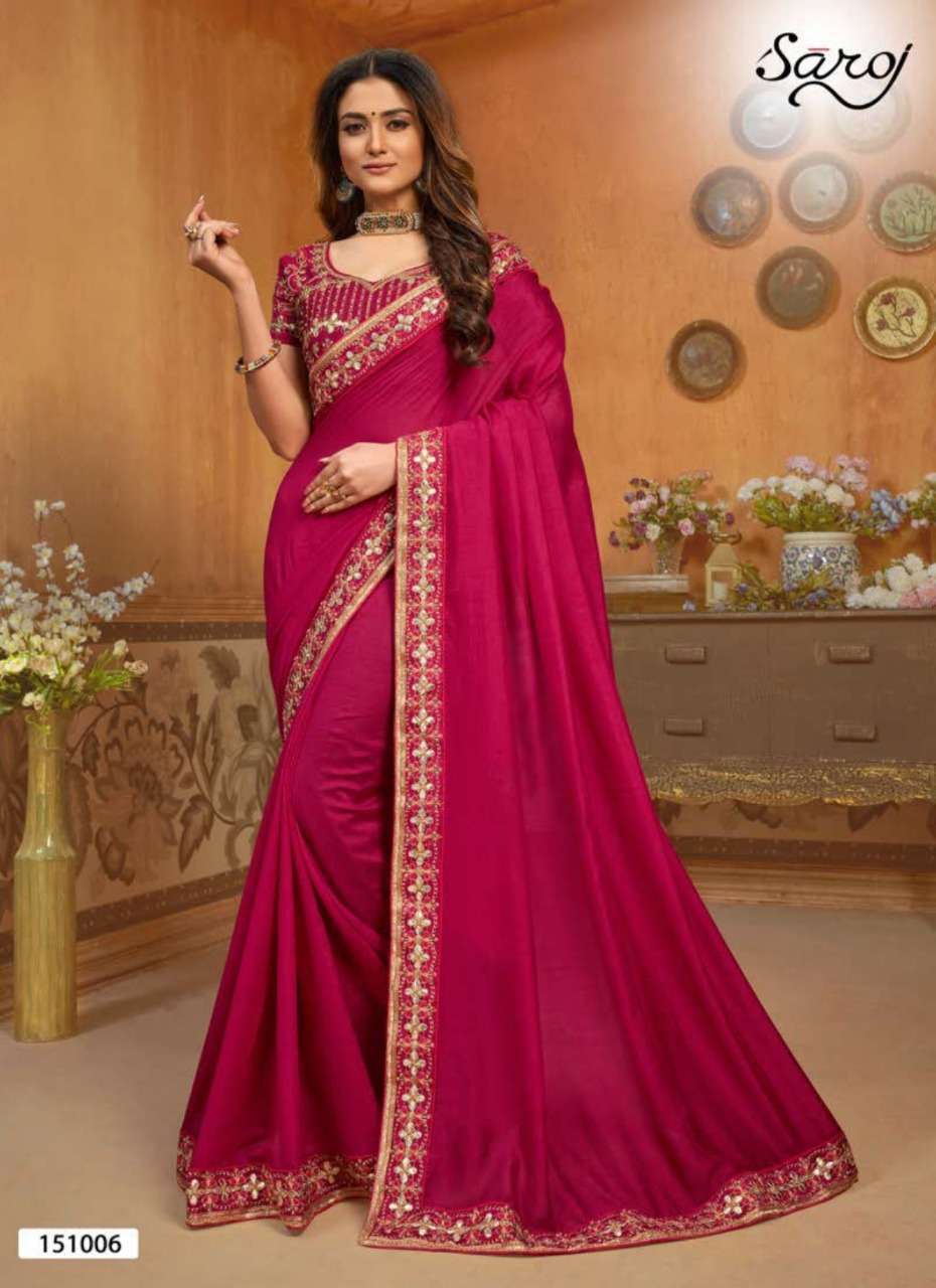 HAST KALA BY SAROJ 151001 TO 151006 SERIES INDIAN TRADITIONAL WEAR COLLECTION BEAUTIFUL STYLISH FANCY COLORFUL PARTY WEAR & OCCASIONAL WEAR VICHITRA SILK EMBROIDERED SAREES AT WHOLESALE PRICE