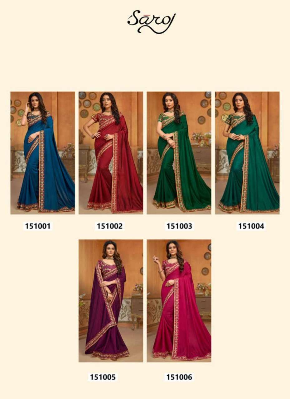 HAST KALA BY SAROJ 151001 TO 151006 SERIES INDIAN TRADITIONAL WEAR COLLECTION BEAUTIFUL STYLISH FANCY COLORFUL PARTY WEAR & OCCASIONAL WEAR VICHITRA SILK EMBROIDERED SAREES AT WHOLESALE PRICE