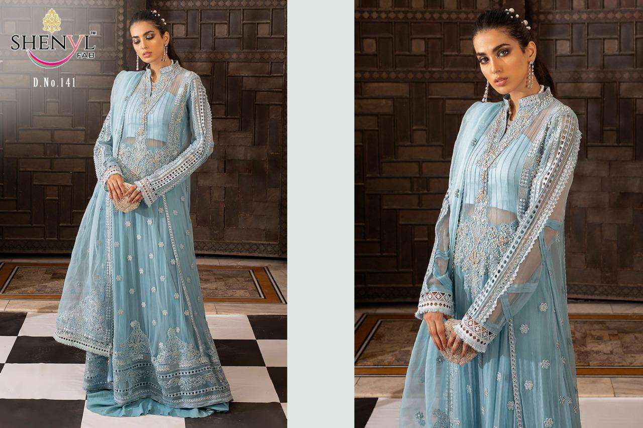 HAPPY NEW YEAR BY SHENYL FAB DESIGNER BEAUTIFUL SUITS COLORFUL STYLISH FANCY CASUAL WEAR & ETHNIC WEAR PURE BUTTERFLY NET WITH EMBROIDERED DRESSES AT WHOLESALE PRICE