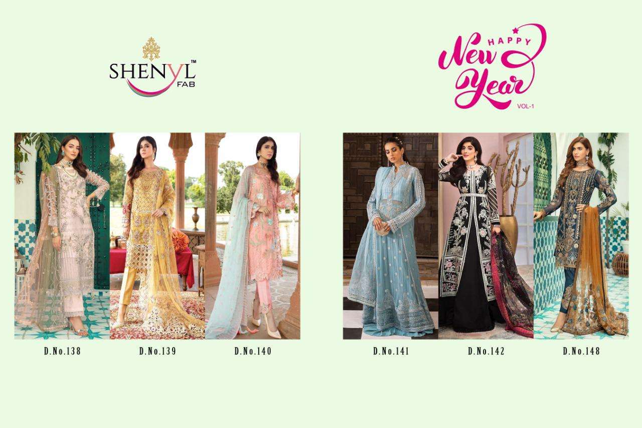 HAPPY NEW YEAR BY SHENYL FAB DESIGNER BEAUTIFUL SUITS COLORFUL STYLISH FANCY CASUAL WEAR & ETHNIC WEAR PURE BUTTERFLY NET WITH EMBROIDERED DRESSES AT WHOLESALE PRICE