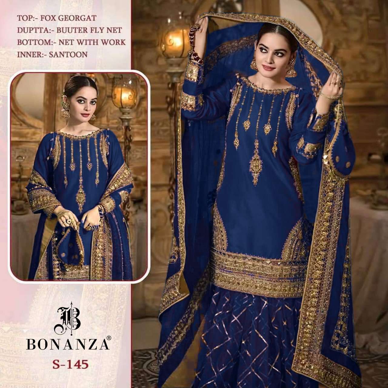 QUEEN VOL-1 BY BONANZA 145-A TO 145-D SERIES BEAUTIFUL SUITS STYLISH FANCY COLORFUL CASUAL WEAR & ETHNIC WEAR FAUX GEORGETTE WITH EMBROIDERY DRESSES AT WHOLESALE PRICE