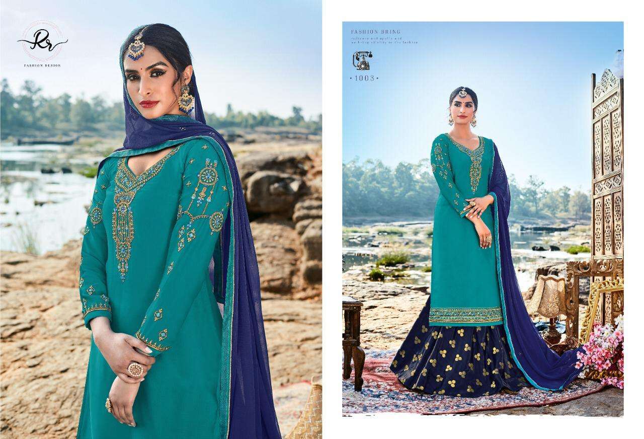 RISHIRAJ VOL-1 BY RISHIRAJ 1001 TO 1006 SERIES BEAUTIFUL SUITS STYLISH FANCY COLORFUL CASUAL WEAR & ETHNIC WEAR SATIN GEORGETTE WITH EMBROIDERY DRESSES AT WHOLESALE PRICE
