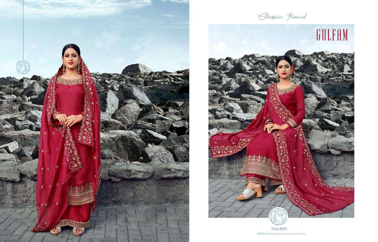 GULFAM BY TASLIM 1001 TO 1005 SERIES BEAUTIFUL SUITS COLORFUL STYLISH FANCY CASUAL WEAR & ETHNIC WEAR SATIN GEORGETTE EMBROIDERED DRESSES AT WHOLESALE PRICE