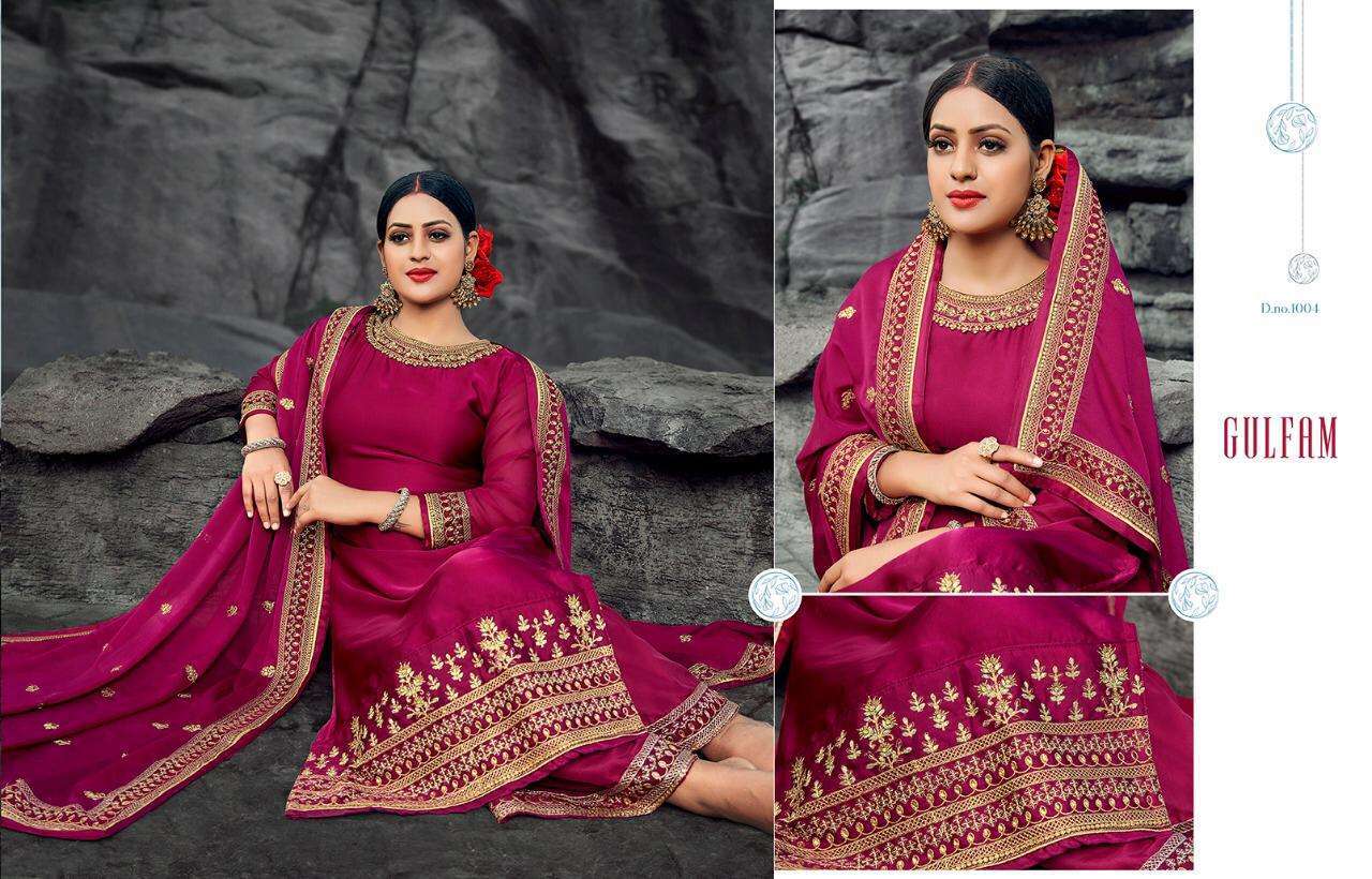 GULFAM BY TASLIM 1001 TO 1005 SERIES BEAUTIFUL SUITS COLORFUL STYLISH FANCY CASUAL WEAR & ETHNIC WEAR SATIN GEORGETTE EMBROIDERED DRESSES AT WHOLESALE PRICE