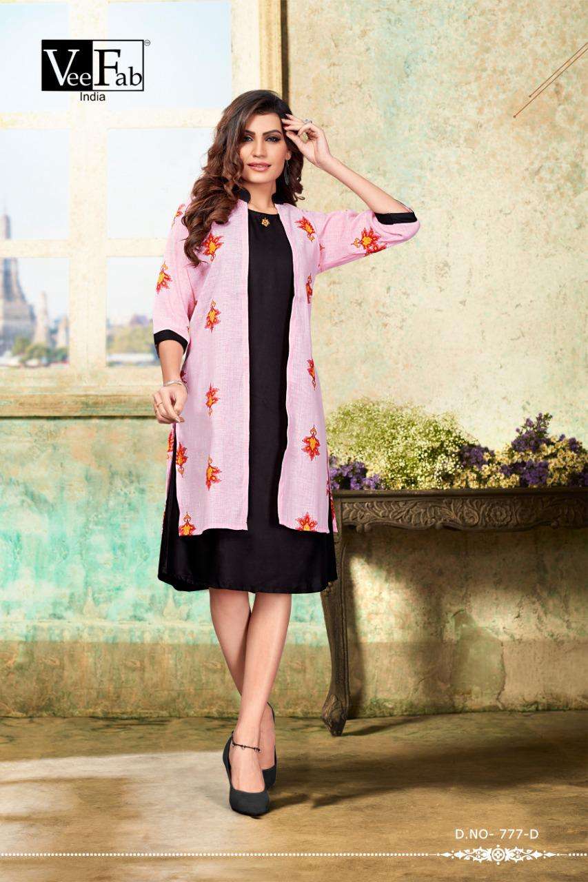 FEMINA BY VEE FAB 777-A TO 777-D SERIES STYLISH FANCY BEAUTIFUL COLORFUL CASUAL WEAR & ETHNIC WEAR RAYON KURTIS WITH JACKETS AT WHOLESALE PRICE