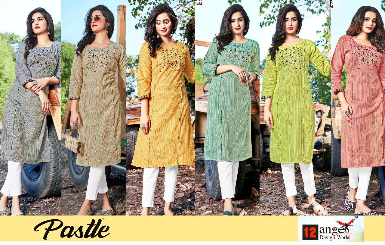 PASTLE BY 12 ANGEL 1001 TO 1006 SERIES STYLISH FANCY BEAUTIFUL COLORFUL CASUAL WEAR & ETHNIC WEAR PURE COTTON KURTIS AT WHOLESALE PRICE