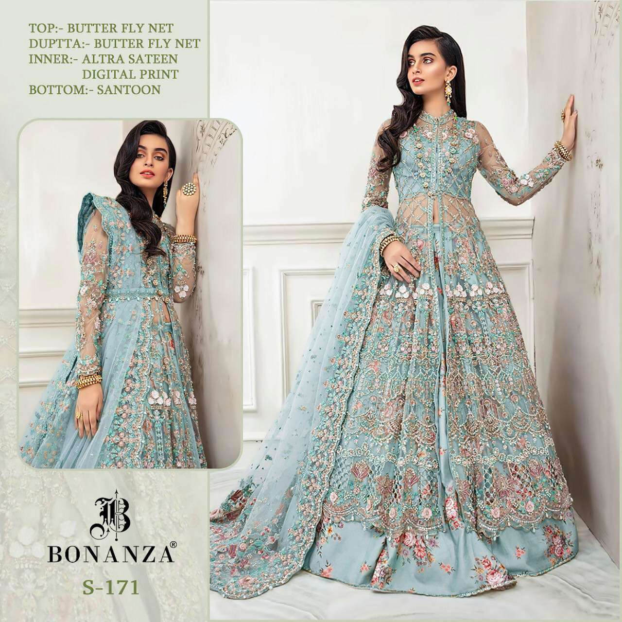 QUEEN VOL-2 BY BONANZA 171-A TO 171-D SERIES BEAUTIFUL SUITS STYLISH FANCY COLORFUL CASUAL WEAR & ETHNIC WEAR NET WITH EMBROIDERY DRESSES AT WHOLESALE PRICE