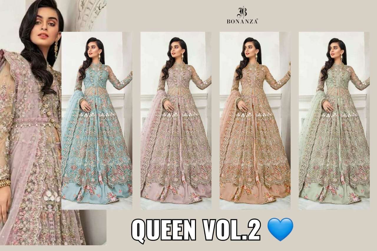 QUEEN VOL-2 BY BONANZA 171-A TO 171-D SERIES BEAUTIFUL SUITS STYLISH FANCY COLORFUL CASUAL WEAR & ETHNIC WEAR NET WITH EMBROIDERY DRESSES AT WHOLESALE PRICE