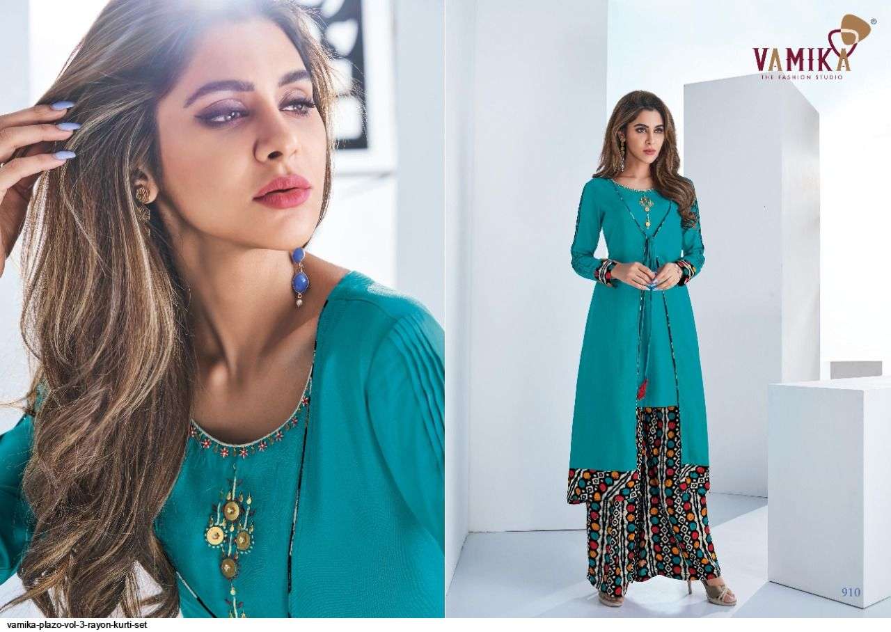 STOCK PLAZO VOL-3 BY VAMIKA FASHION 909 TO 915 SERIES STYLISH FANCY BEAUTIFUL COLORFUL CASUAL WEAR & ETHNIC WEAR RAYON 14 KG PRINTED KURTIS AT WHOLESALE PRICE