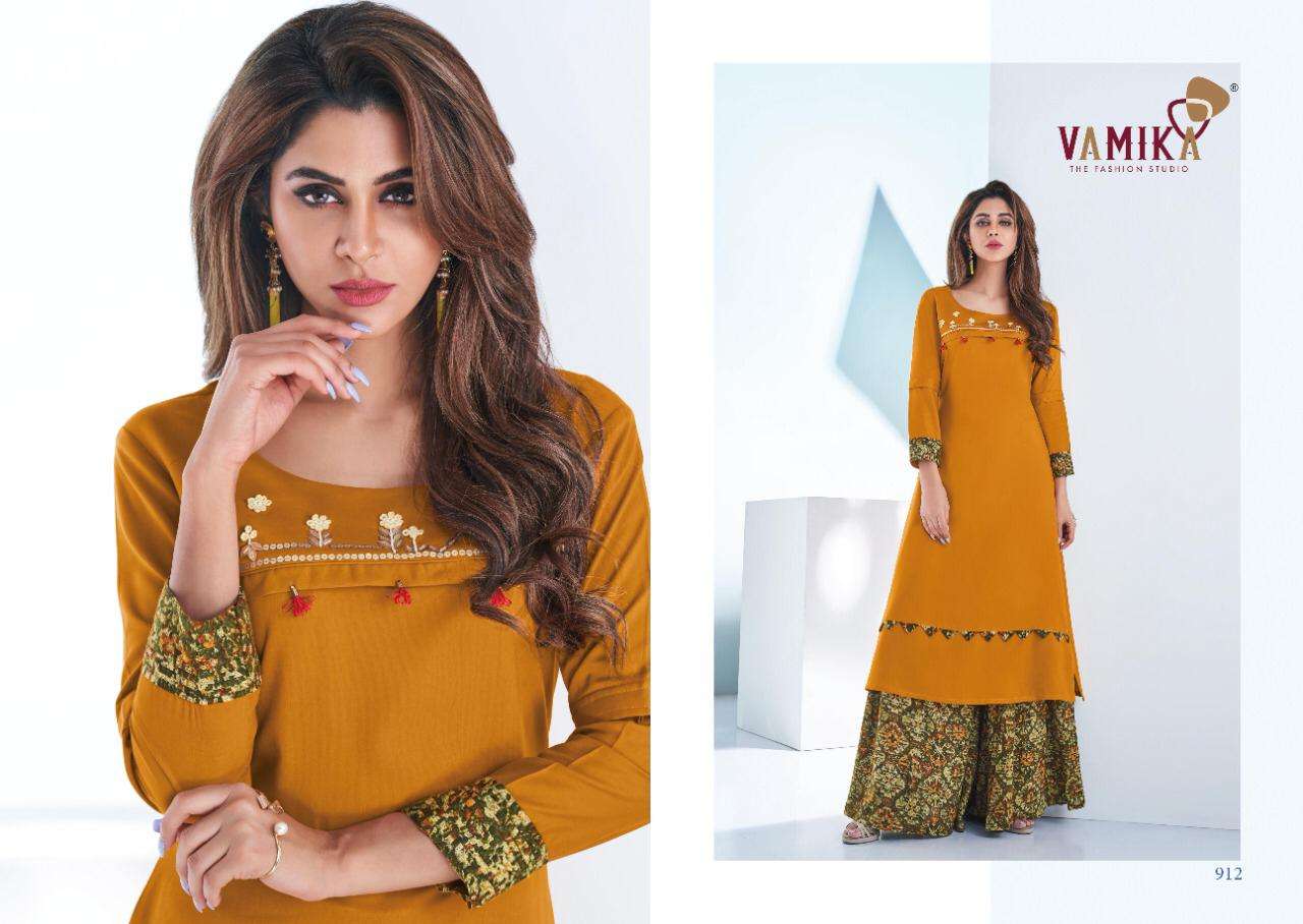STOCK PLAZO VOL-3 BY VAMIKA FASHION 909 TO 915 SERIES STYLISH FANCY BEAUTIFUL COLORFUL CASUAL WEAR & ETHNIC WEAR RAYON 14 KG PRINTED KURTIS AT WHOLESALE PRICE