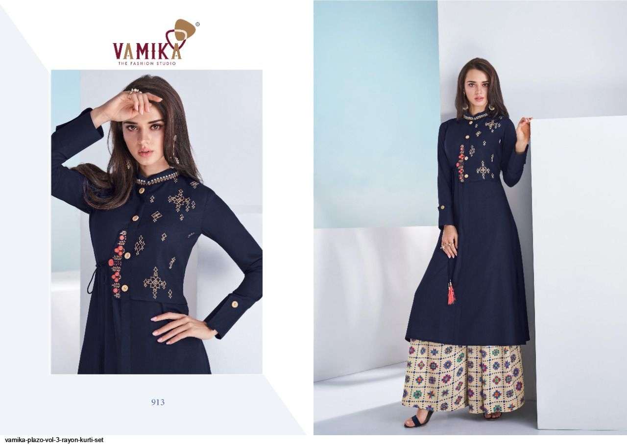 STOCK PLAZO VOL-3 BY VAMIKA FASHION 909 TO 915 SERIES STYLISH FANCY BEAUTIFUL COLORFUL CASUAL WEAR & ETHNIC WEAR RAYON 14 KG PRINTED KURTIS AT WHOLESALE PRICE