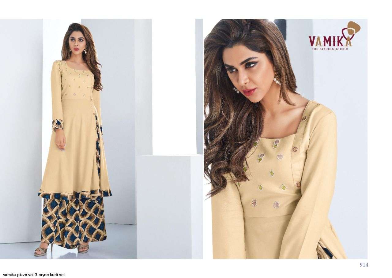 STOCK PLAZO VOL-3 BY VAMIKA FASHION 909 TO 915 SERIES STYLISH FANCY BEAUTIFUL COLORFUL CASUAL WEAR & ETHNIC WEAR RAYON 14 KG PRINTED KURTIS AT WHOLESALE PRICE