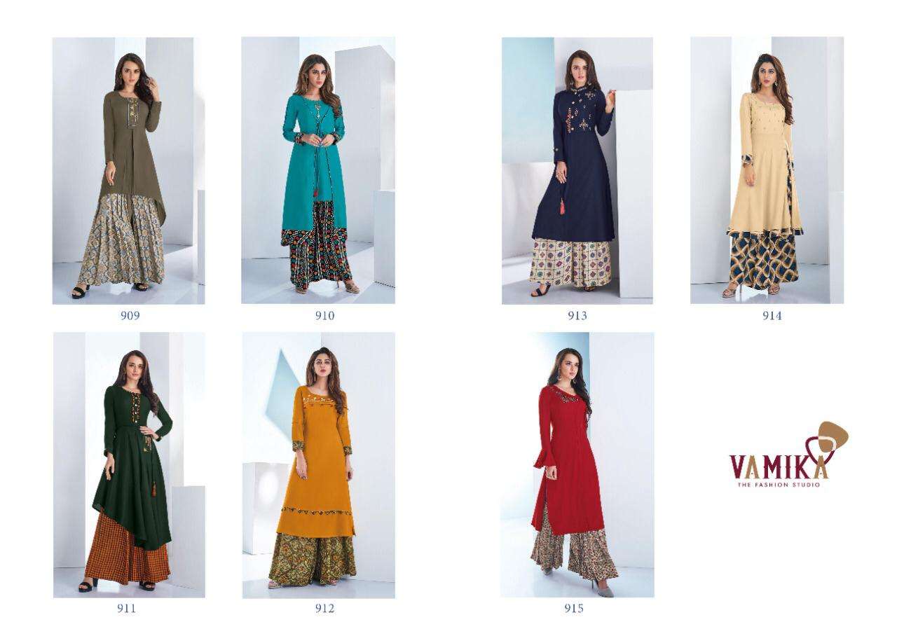 STOCK PLAZO VOL-3 BY VAMIKA FASHION 909 TO 915 SERIES STYLISH FANCY BEAUTIFUL COLORFUL CASUAL WEAR & ETHNIC WEAR RAYON 14 KG PRINTED KURTIS AT WHOLESALE PRICE