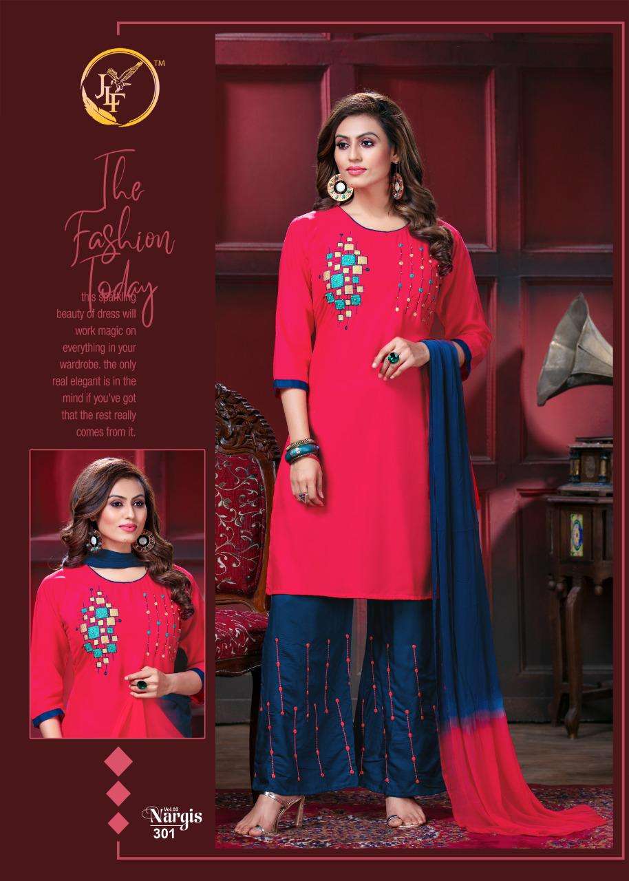 NARGIS VOL-3 BY JLF 301 TO 308 SERIES SUITS STYLISH BEAUTIFUL COLOURFUL PRINTED & EMBROIDERED PARTY WEAR & OCCASIONAL WEAR RAYON EMBROIDERED DRESSES AT WHOLESALE PRICE