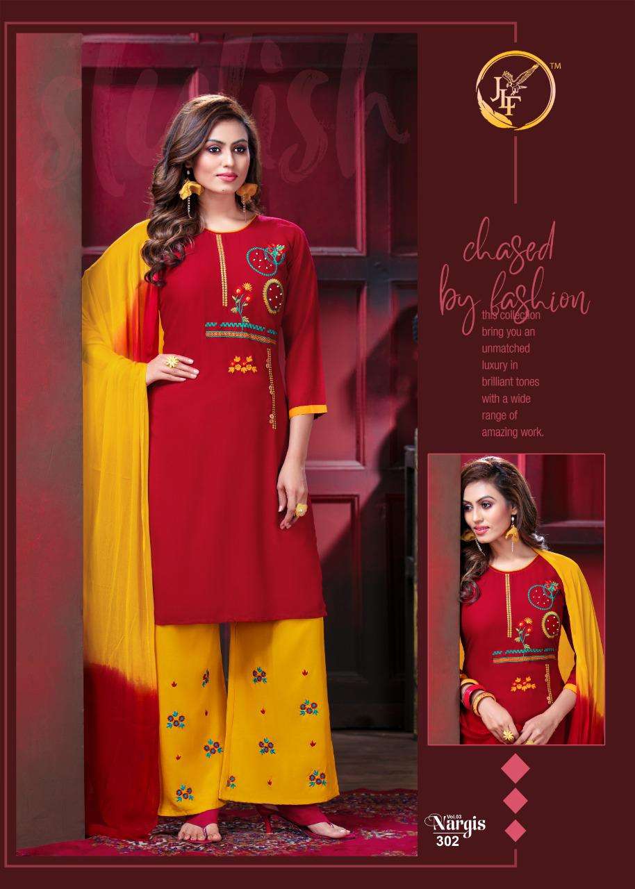 NARGIS VOL-3 BY JLF 301 TO 308 SERIES SUITS STYLISH BEAUTIFUL COLOURFUL PRINTED & EMBROIDERED PARTY WEAR & OCCASIONAL WEAR RAYON EMBROIDERED DRESSES AT WHOLESALE PRICE