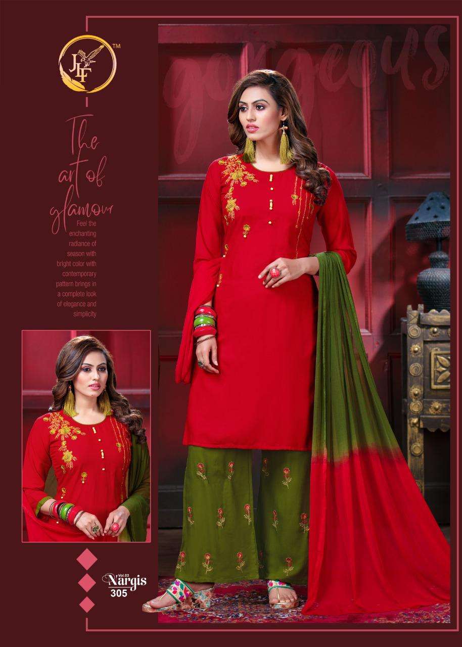 NARGIS VOL-3 BY JLF 301 TO 308 SERIES SUITS STYLISH BEAUTIFUL COLOURFUL PRINTED & EMBROIDERED PARTY WEAR & OCCASIONAL WEAR RAYON EMBROIDERED DRESSES AT WHOLESALE PRICE