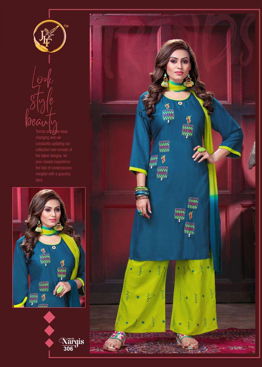 NARGIS VOL-3 BY JLF 301 TO 308 SERIES SUITS STYLISH BEAUTIFUL COLOURFUL PRINTED & EMBROIDERED PARTY WEAR & OCCASIONAL WEAR RAYON EMBROIDERED DRESSES AT WHOLESALE PRICE