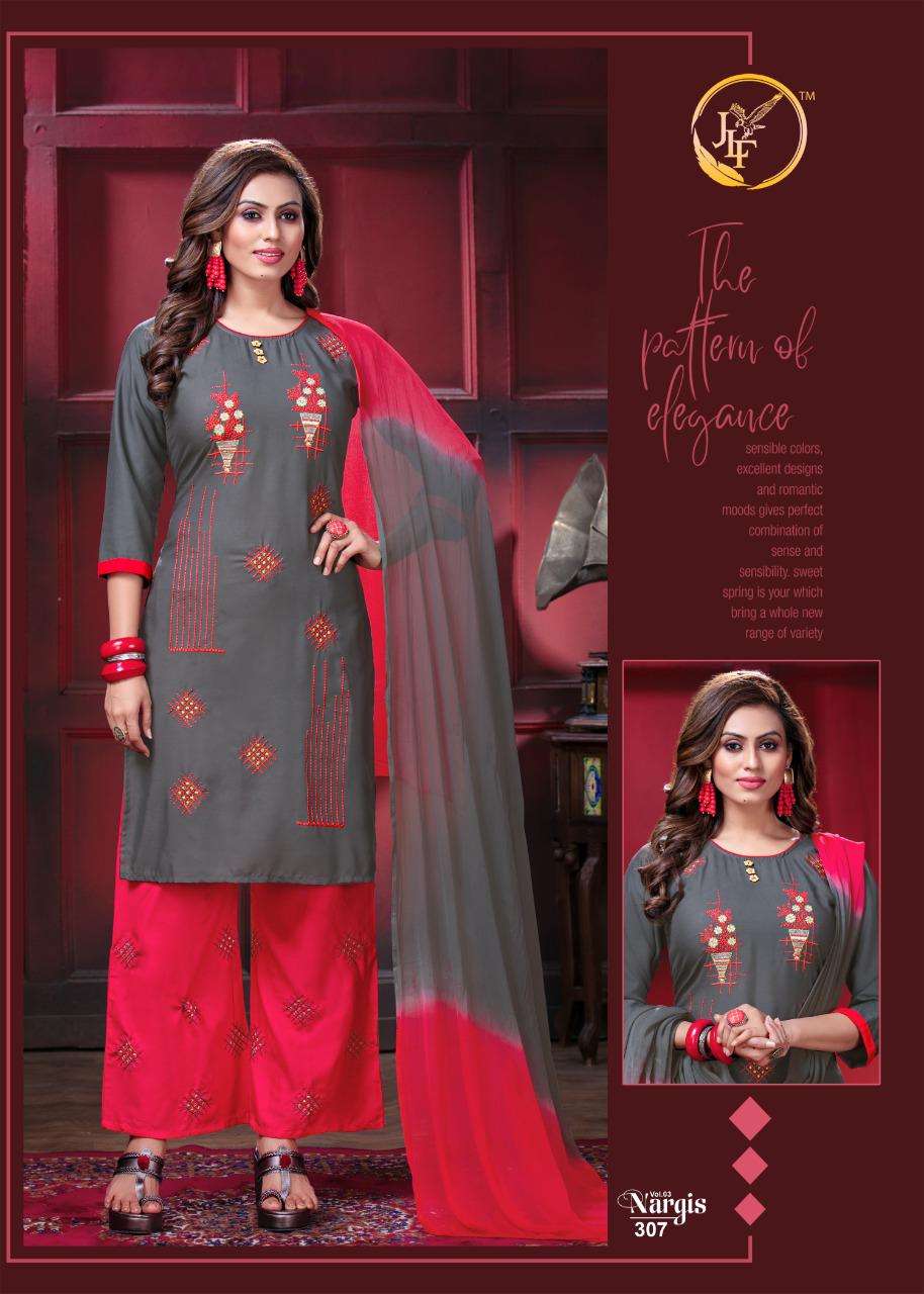 NARGIS VOL-3 BY JLF 301 TO 308 SERIES SUITS STYLISH BEAUTIFUL COLOURFUL PRINTED & EMBROIDERED PARTY WEAR & OCCASIONAL WEAR RAYON EMBROIDERED DRESSES AT WHOLESALE PRICE