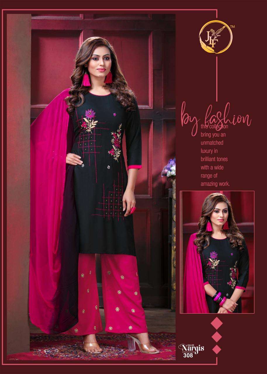 NARGIS VOL-3 BY JLF 301 TO 308 SERIES SUITS STYLISH BEAUTIFUL COLOURFUL PRINTED & EMBROIDERED PARTY WEAR & OCCASIONAL WEAR RAYON EMBROIDERED DRESSES AT WHOLESALE PRICE