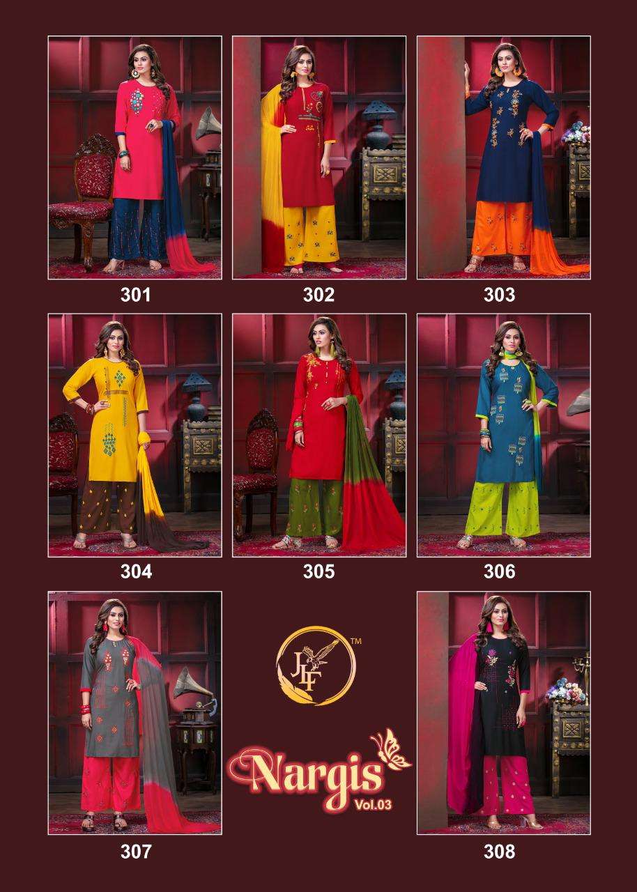 NARGIS VOL-3 BY JLF 301 TO 308 SERIES SUITS STYLISH BEAUTIFUL COLOURFUL PRINTED & EMBROIDERED PARTY WEAR & OCCASIONAL WEAR RAYON EMBROIDERED DRESSES AT WHOLESALE PRICE