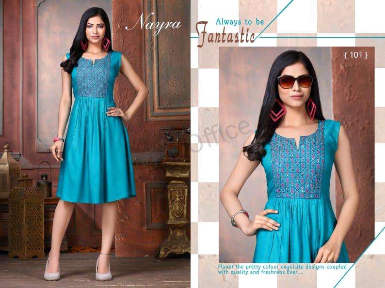 LAKME BY NAYRA 101 TO 108 SERIES BEAUTIFUL STYLISH FANCY COLORFUL CASUAL WEAR & ETHNIC WEAR RAYON EMBROIDERED KURTIS AT WHOLESALE PRICE