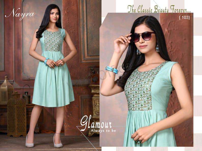 LAKME BY NAYRA 101 TO 108 SERIES BEAUTIFUL STYLISH FANCY COLORFUL CASUAL WEAR & ETHNIC WEAR RAYON EMBROIDERED KURTIS AT WHOLESALE PRICE