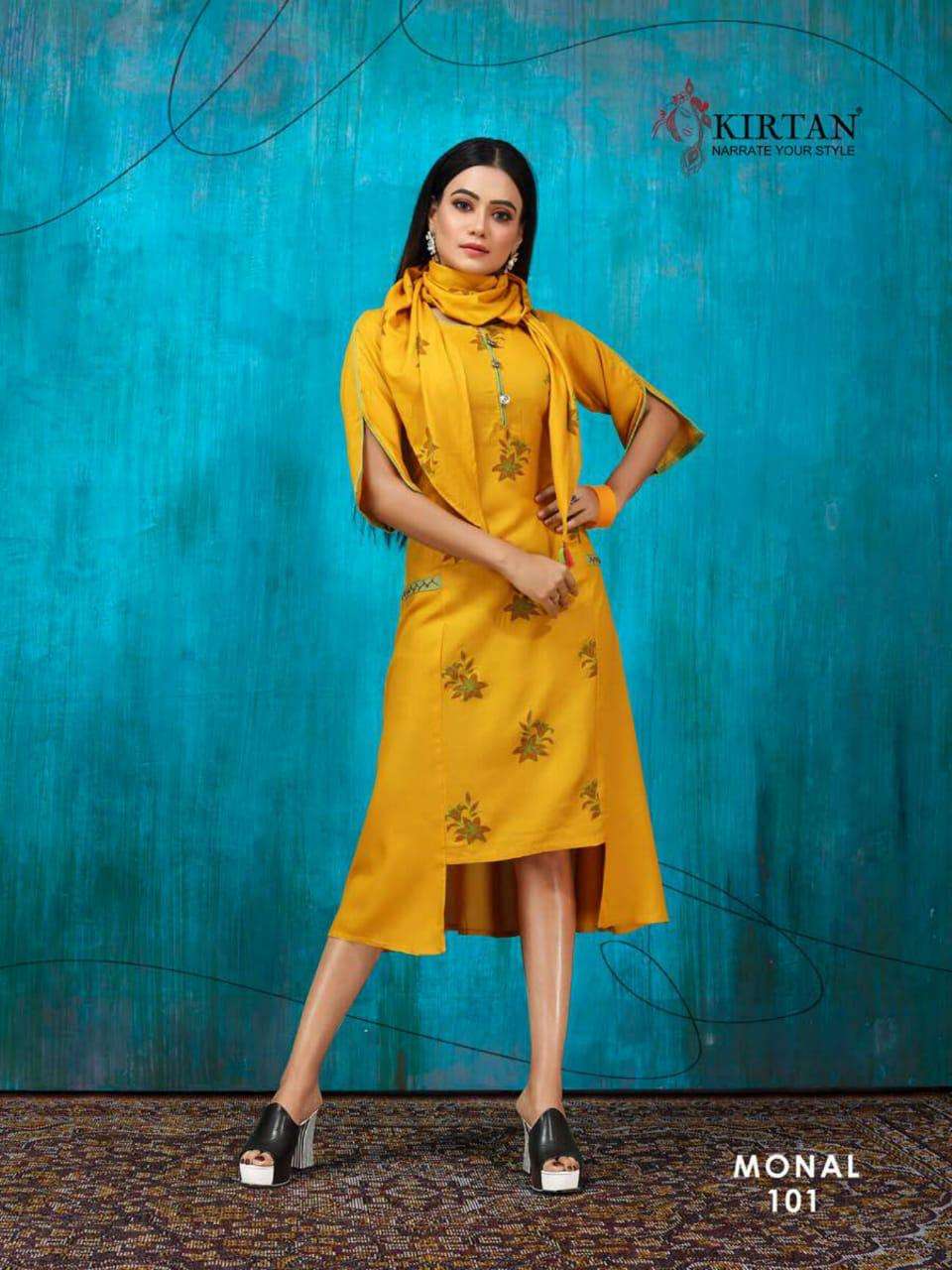 MONAL BY KIRTAN 101 TO 107 SERIES BEAUTIFUL STYLISH FANCY COLORFUL CASUAL WEAR & ETHNIC WEAR FANCY RAYON KURTIS AT WHOLESALE PRICE